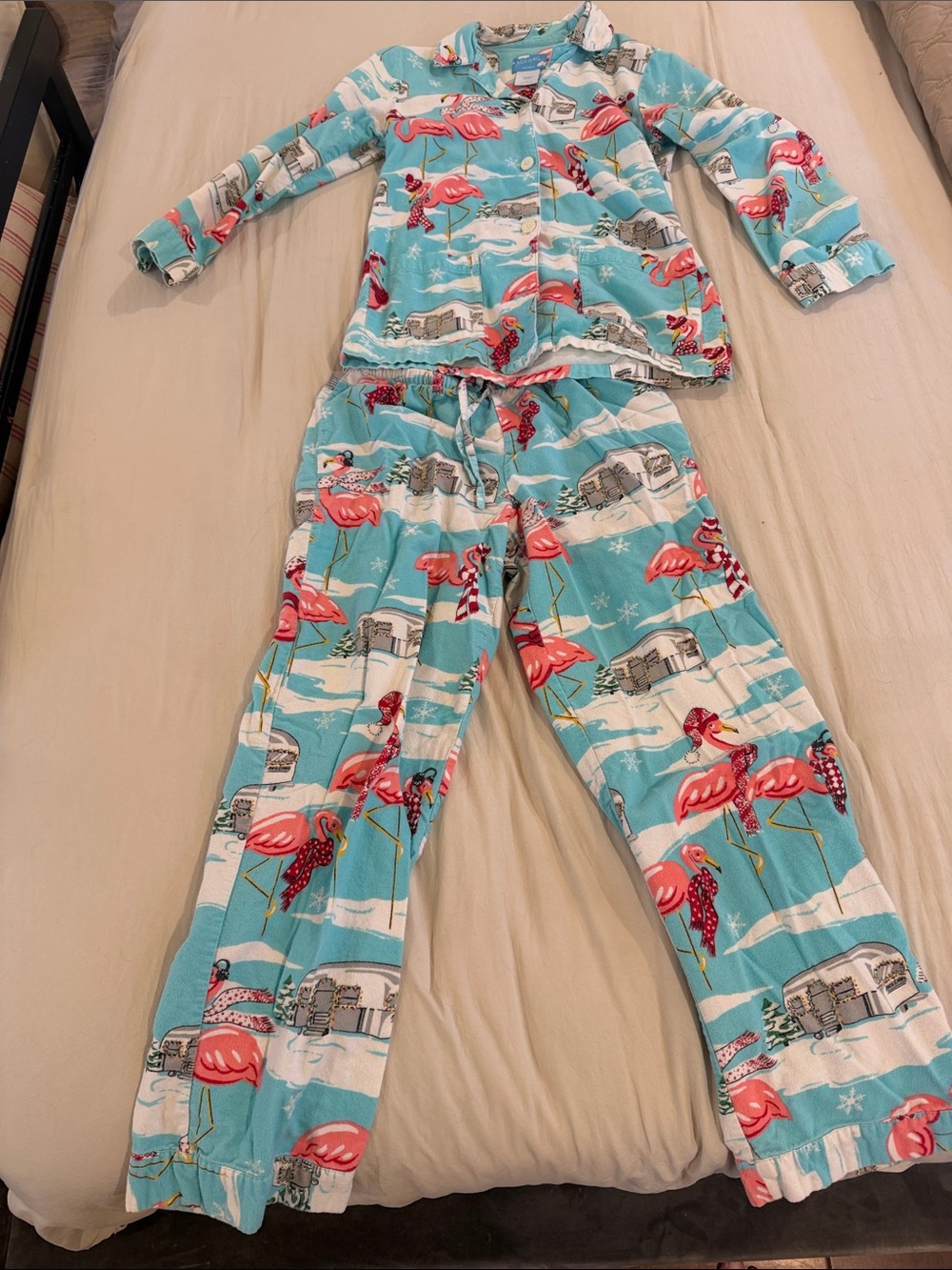 Nick & Nora Aqua Flamingo Print Pajama Set with Pink Accents
